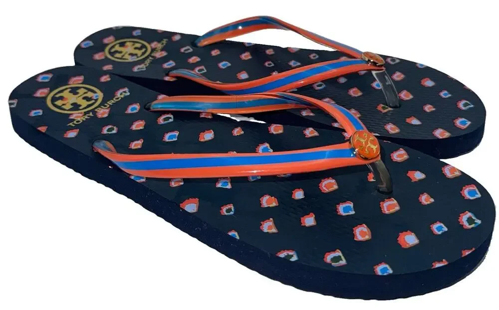 Tory Burch Navy Orange Blue Printed Logo Flip Flops Women’s Sandals